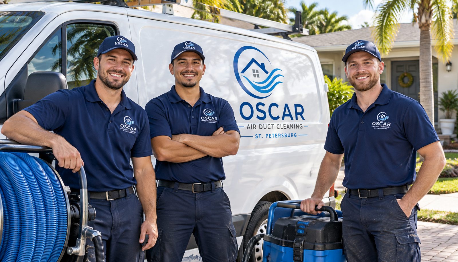 Illustrative Oscar uniformed cleaning crew beside a service van